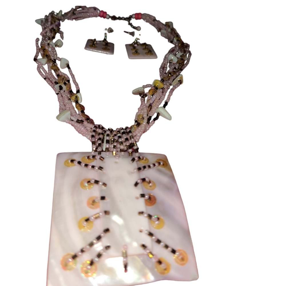 New Hand Crafted Statement Necklace/Earrings Pink… - image 5